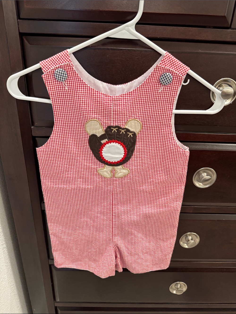 Stellybelly Red Gingham Baby Baseball Appliqué One-Piece Romper